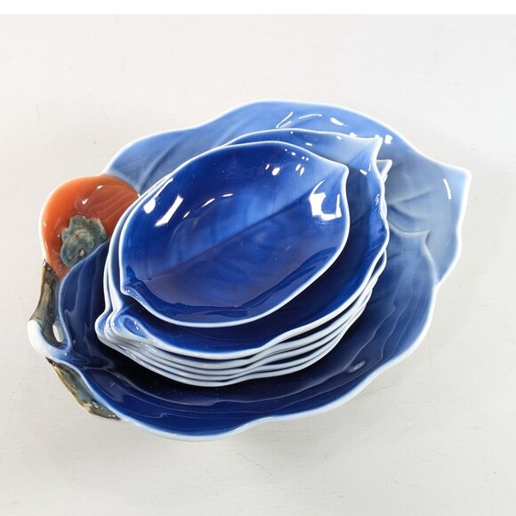 Fukagawa Seiji Japanese porcelain Leaf shaped dishes, Blue Persimmon sauce soy - Picture 5 of 16
